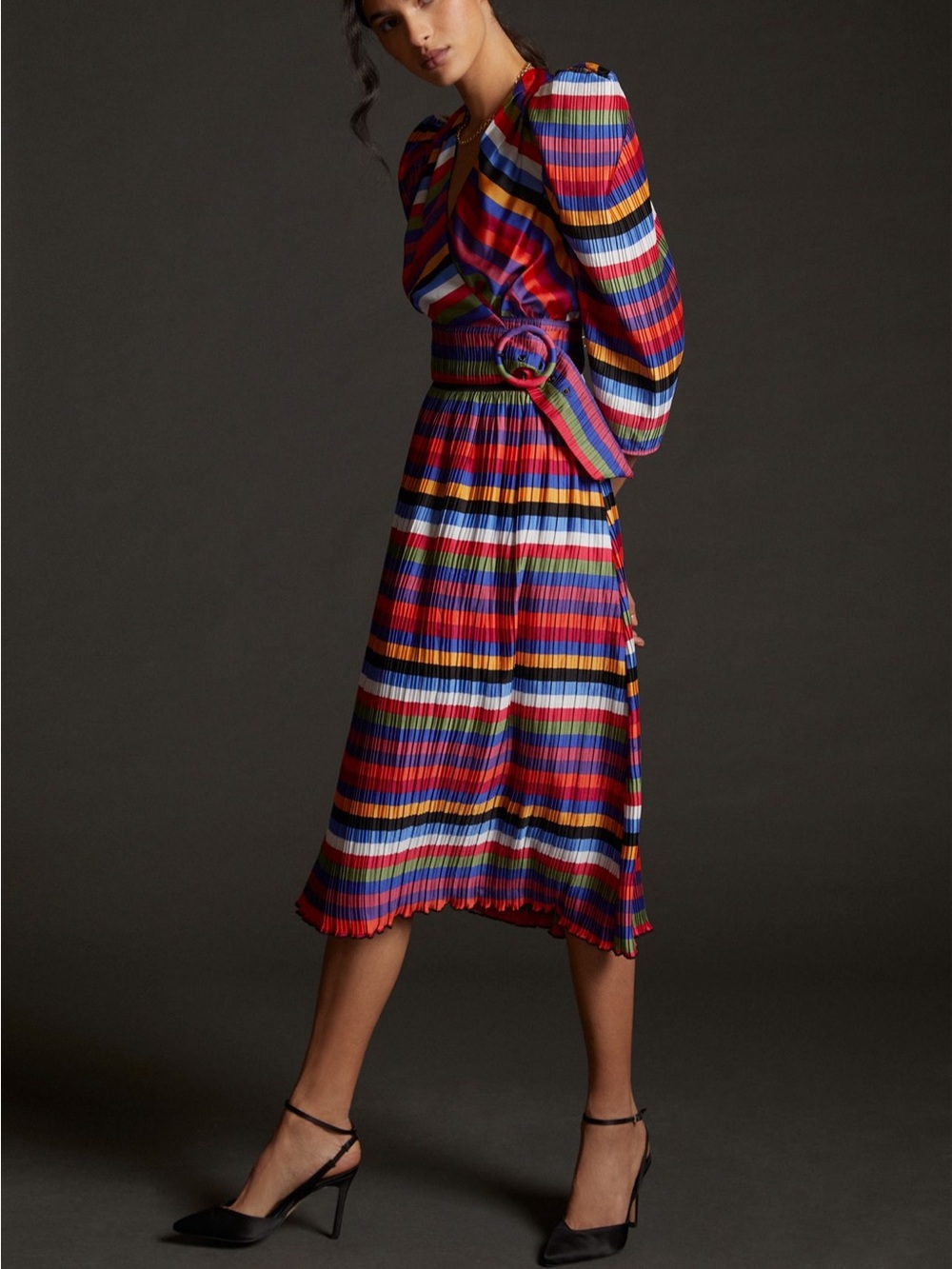 Anthropologie Elliatt Multicolor striped Pleated  belted skirt & shirt set